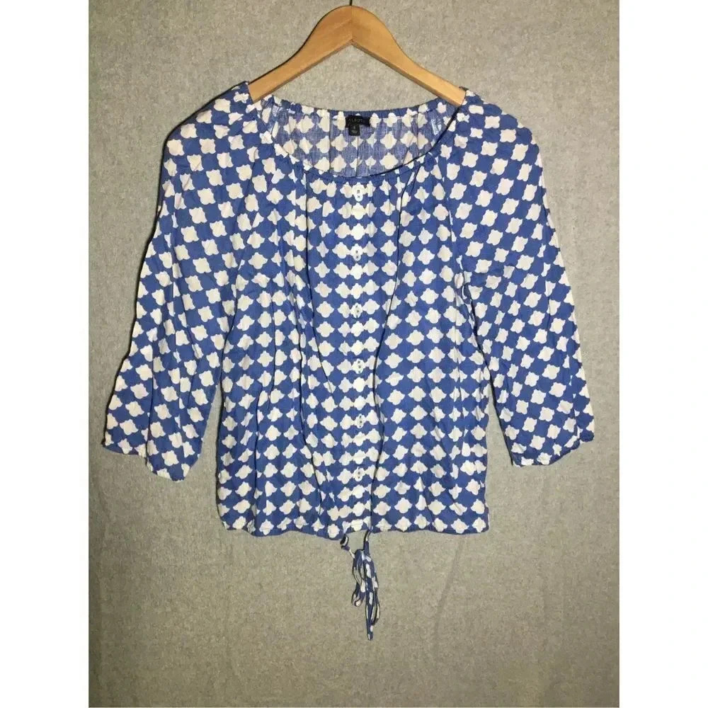 Womens Talbots Shirt Button Up Printed Blue White Linen Lagenlook Spring